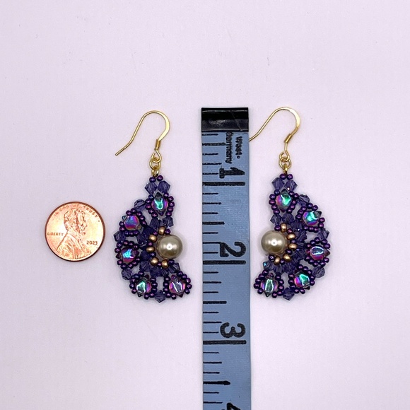 Czech Glass Swarovski Crystal Beaded Half Moon Style Pierced Drop Earrings - Picture 5 of 8